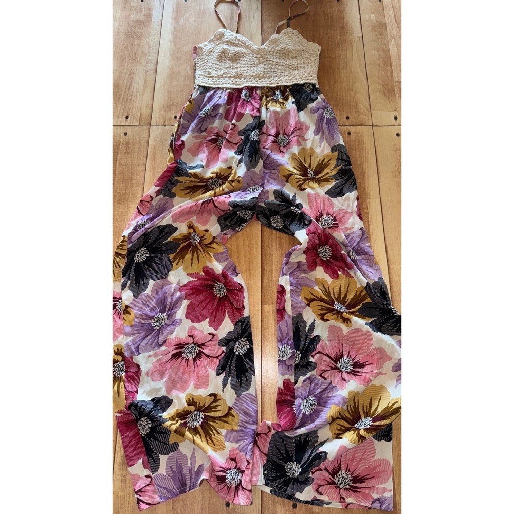 B-O-G Collective Floral Wide Leg Jumpsuit Crochet Top Boho‎ Summer  Medium